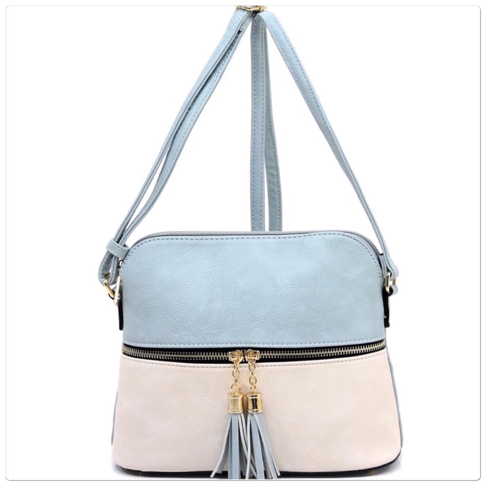 Dome Tassel Crossbody Handbag Blue Ivory